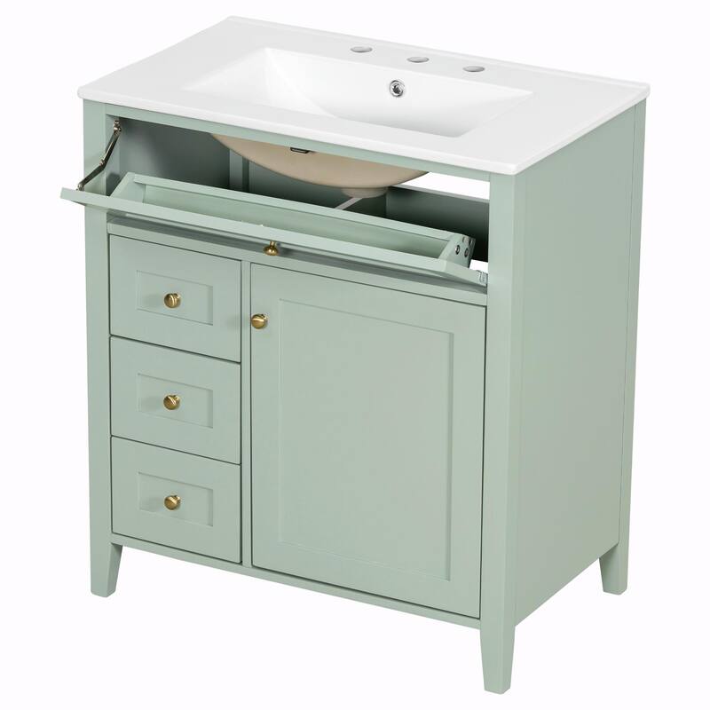 Bathroom Vanity with Sink, Modern MDF and Rubberwood Cabinet with 3 Drawers and Adjustable Shelf