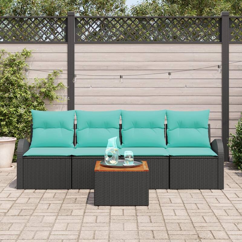 vidaXL 5 Garden Sofa Set with Cushions Black Poly Rattan - 92.1 x 24.4 x 27.2
