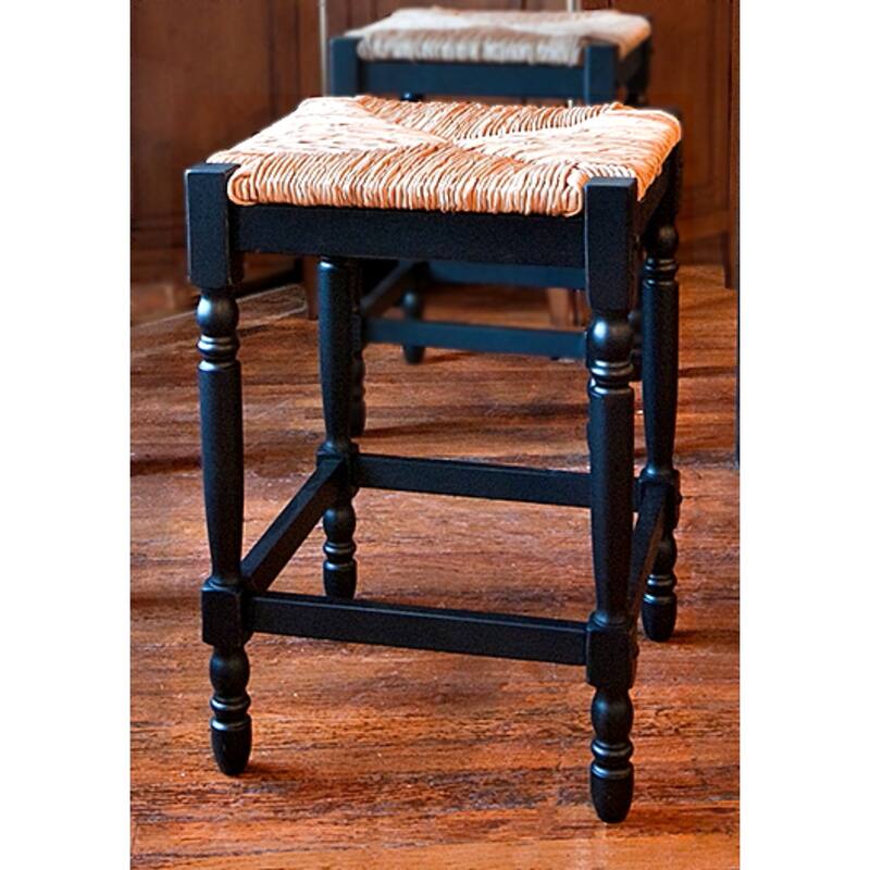 24" Antique Black and Beige Counter Stool with Hand Woven Rush Seat