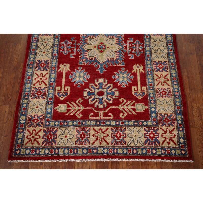 Red Geometric Kazak Foyer Rug Handmade Traditional Wool Carpet - 3'5" x 4'11"