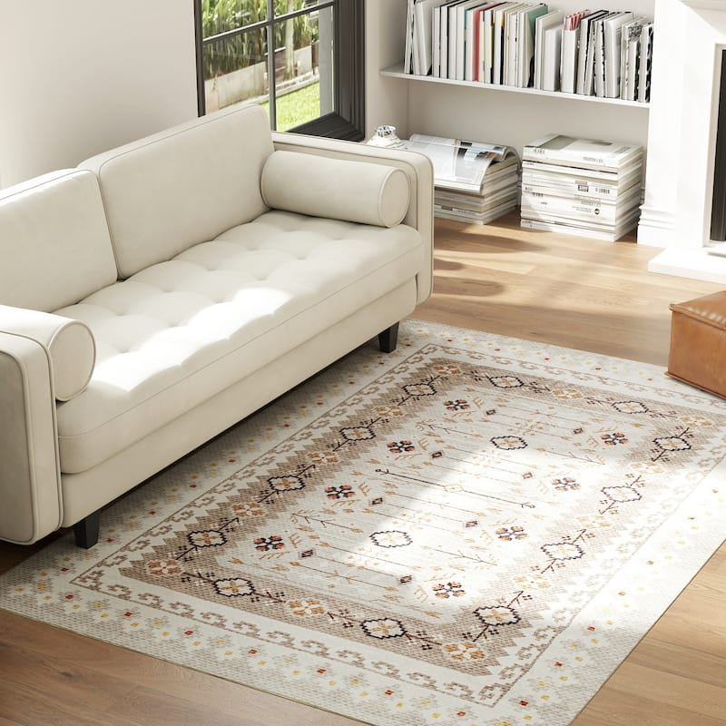 HOMCOM Area Rug 4x6, Machine Washable Rug, Non-Slip Boho Floral Print Floor Cover Foldable Carpet for Living Room - 3'6"