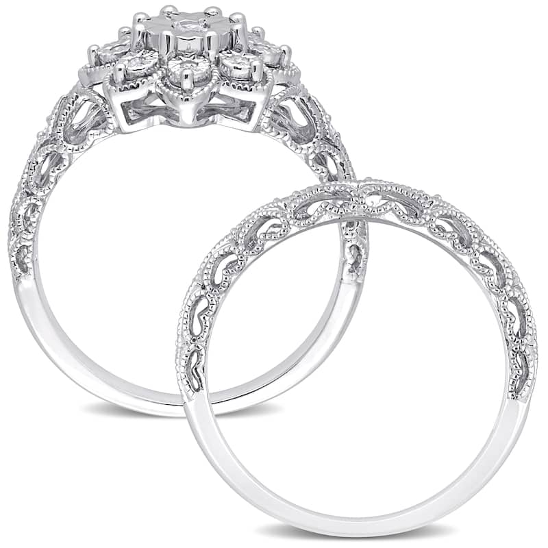Miadora Sterling Silver 1/10ct TDW Diamond Floral Vintage Bridal Ring Set