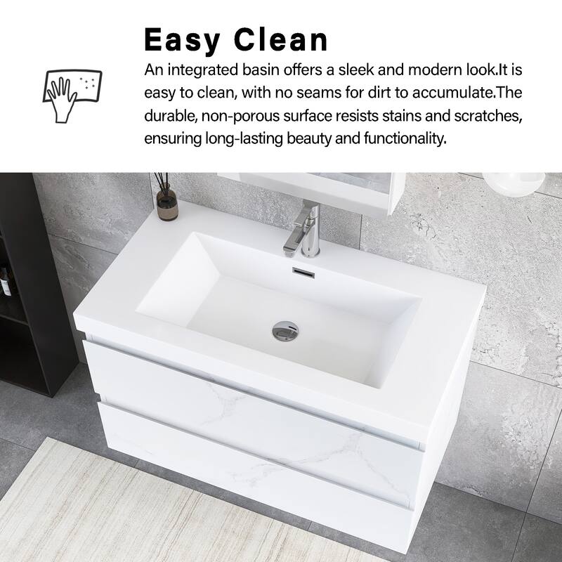 Floating Bathroom Vanity Integrated White Resin Sink