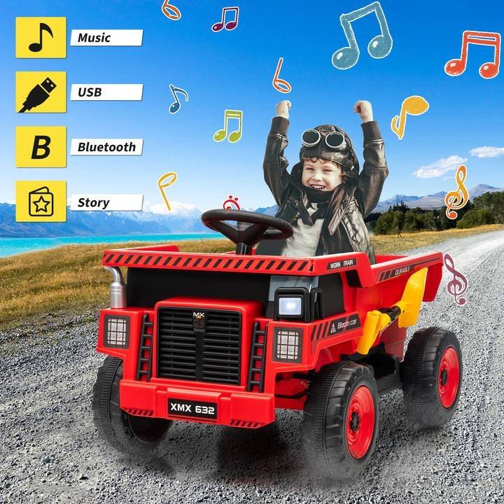 12V Ride-On Dump Truck with Remote Control, Automatic Lift Bed, Shovel & Music Player – for Kids Ages 3–8