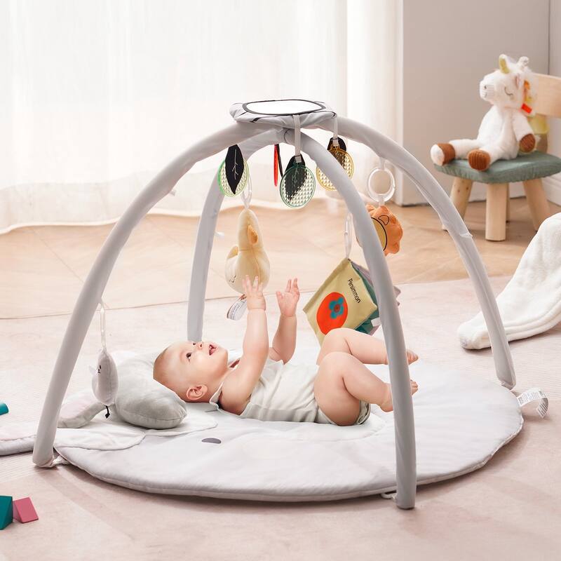 Grey Multi-Functional Soft Plush Fabric Baby Play Mat with Tummy Time Pillow and 5 Sensory Toys - 39.1” x 32.7” x 21.7”
