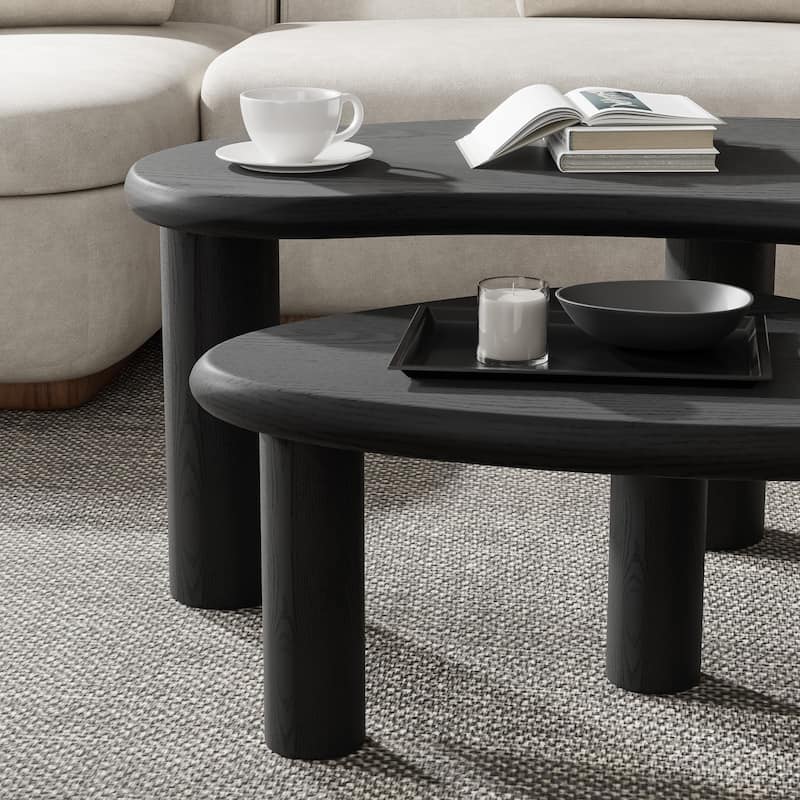 Modern Nested Coffee Tables Set 2-Piece Irregular Shaped Solid Wood Accent Tables for Home Office Living Room