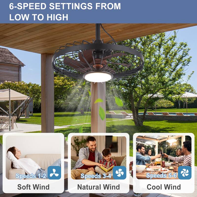 Outdoor Ceiling Fan with Light: 20 Inch Waterproof Gazebo Hanging - Plug in Remote App Control Caged Fans - 6 Speed Black