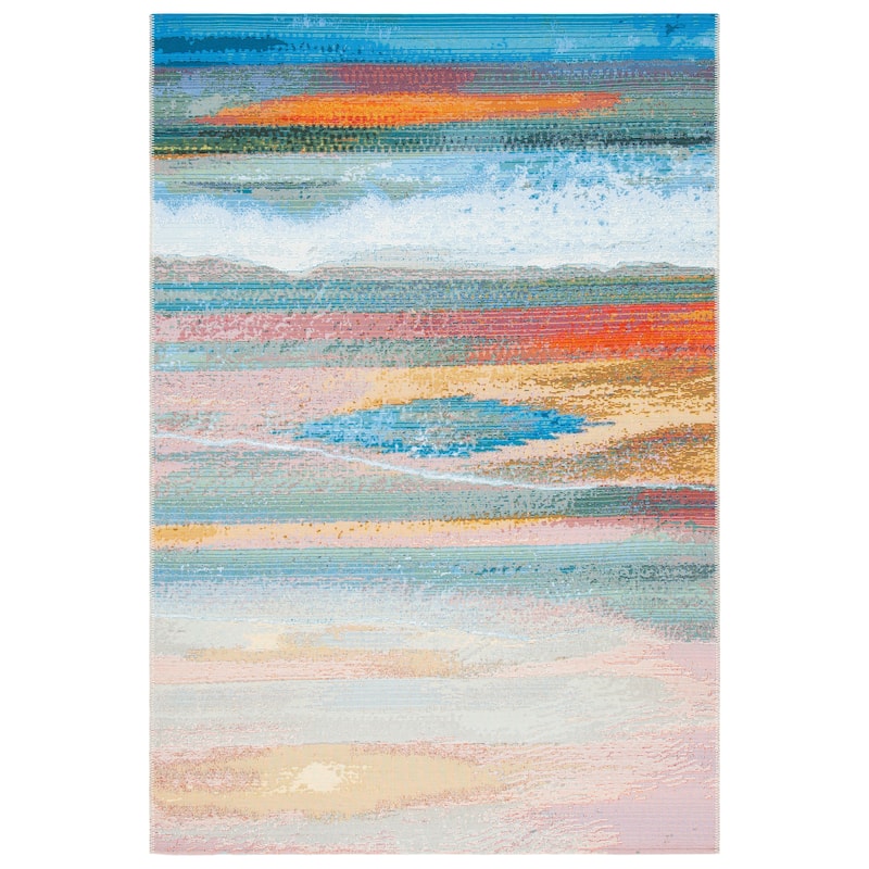 SAFAVIEH Barbados Aviva Tropical Indoor/ Outdoor WaterproofPatio Backyard Rug - 5'3" Square - Light Blue/Pink