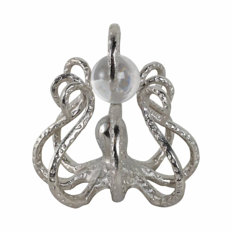 Metal Glass Figurine Octopus Design Metallic Coastal Style - 7" Silver - 7.75" x 7" x 7"