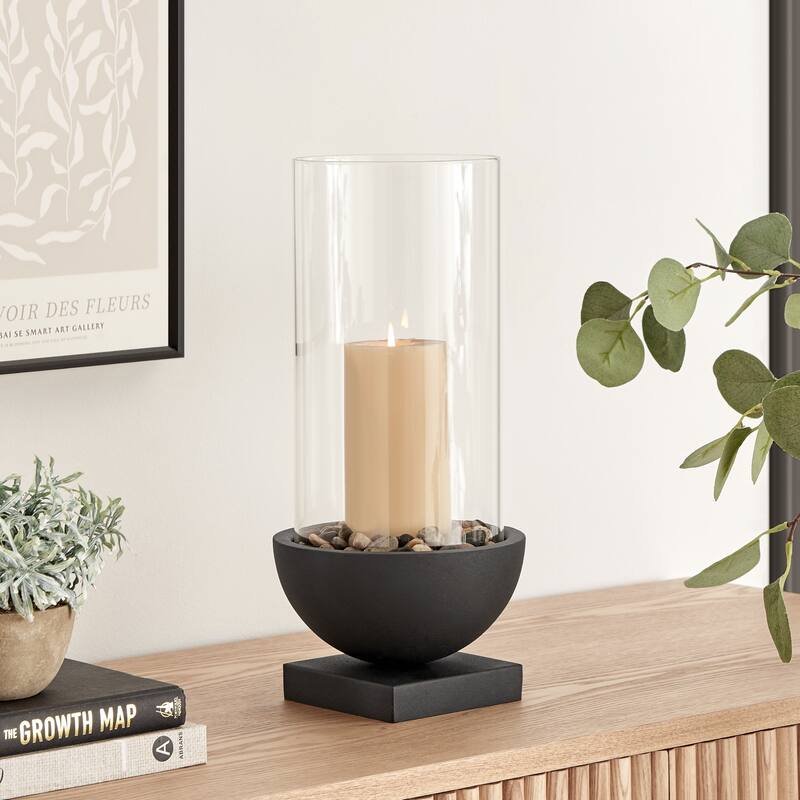 Large Pillar Candle Holders with Pebble and Pedestal Base - 15.25" - Black