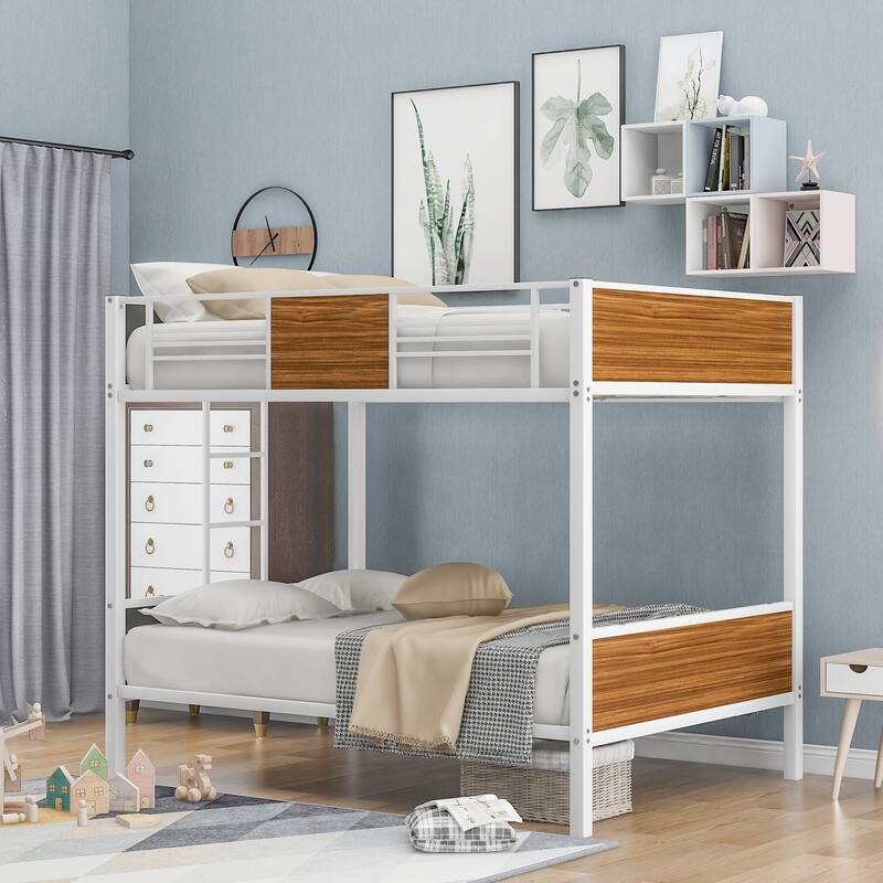 Full-over-full bunk bed modern style steel frame bunk bed with safety rail, built-in ladder for bedroom,dorm,adults
