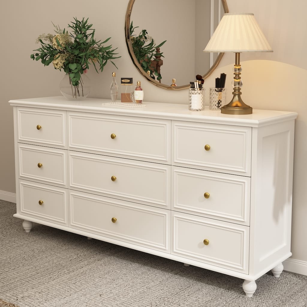63" Wide 9/12 Drawer Dresser for Bedroom, Modern Farmhouse Double Dresser with Gold Knobs, Large Storage Chest