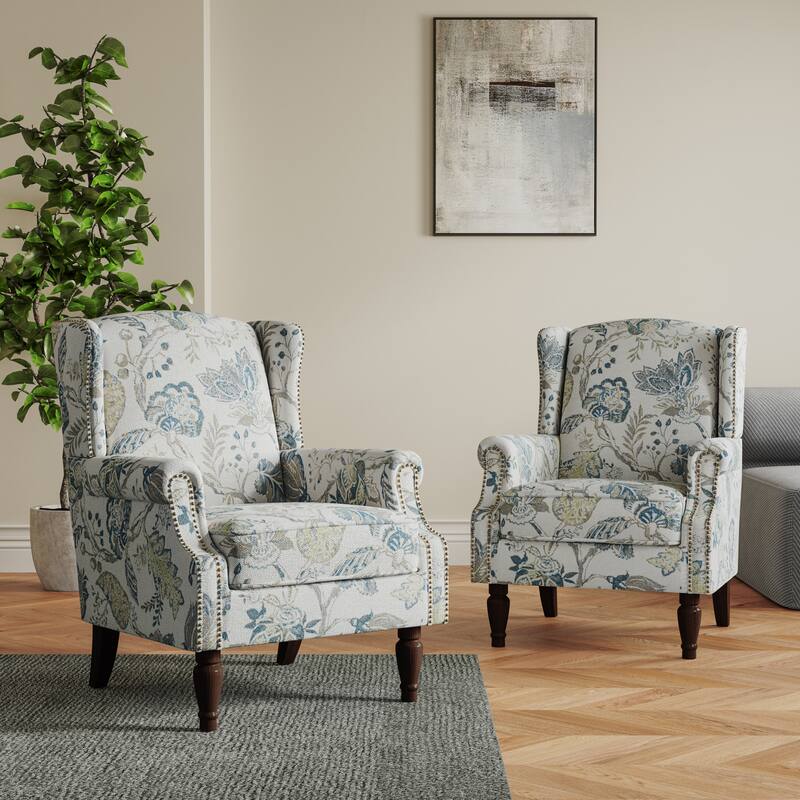 Set of 2 Patterned Upholstered Accent Chair for Living Room - Plants Blue