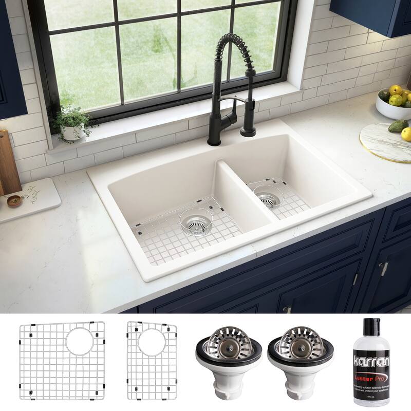 Karran Drop-In Quartz 33 in. 1-Hole 60/40 Double Bowl Kitchen Sink Kit