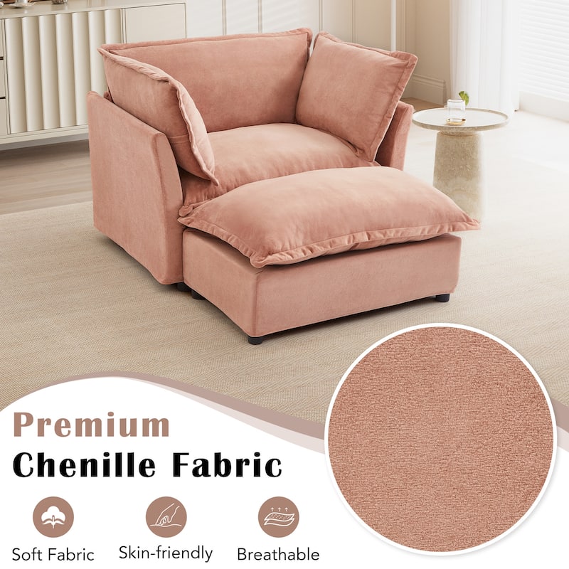 Chenille Single Sofa Chair with Ottoman, Modern Oversized Accent Chair for Reading, Living Room Curved Armrests Chairs