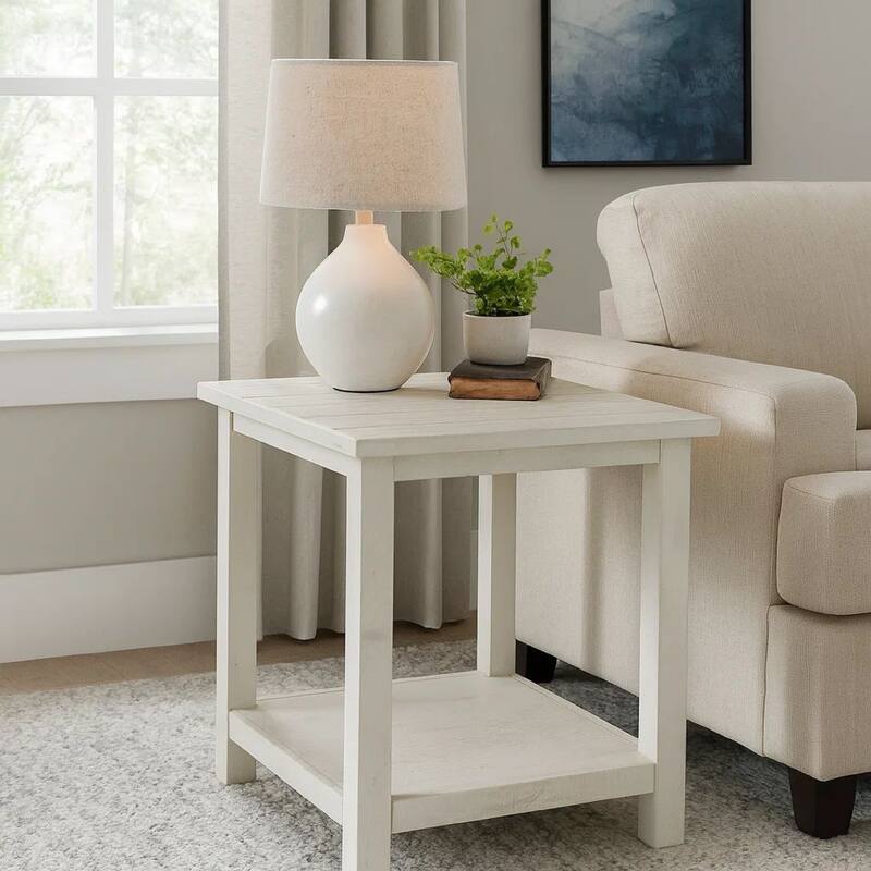 Ayne Side End Table, 1 Bottom Shelf, White Wood Frame, Square 20 Inch