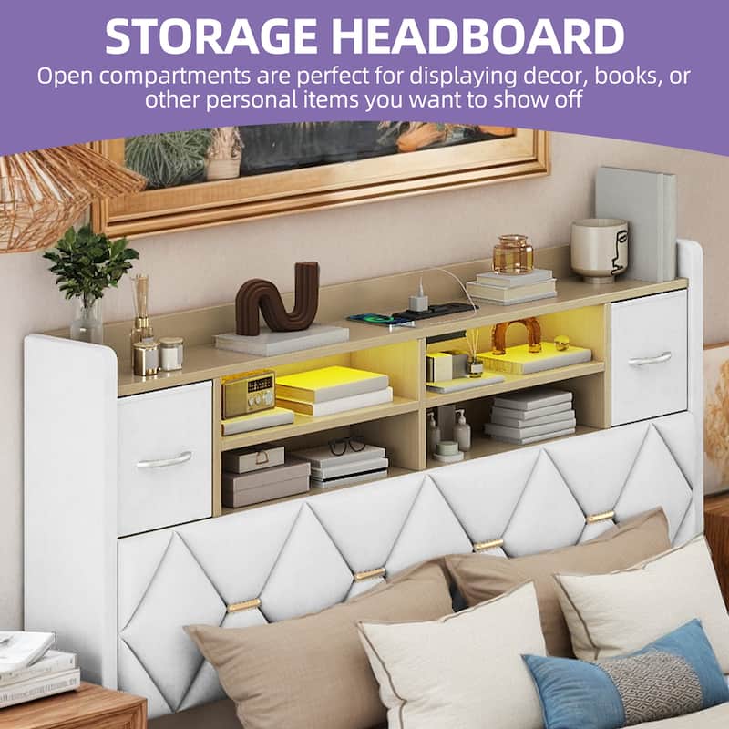 Farmhouse Bed Frame Upholstered Headboard Platform Bed with Charging Station