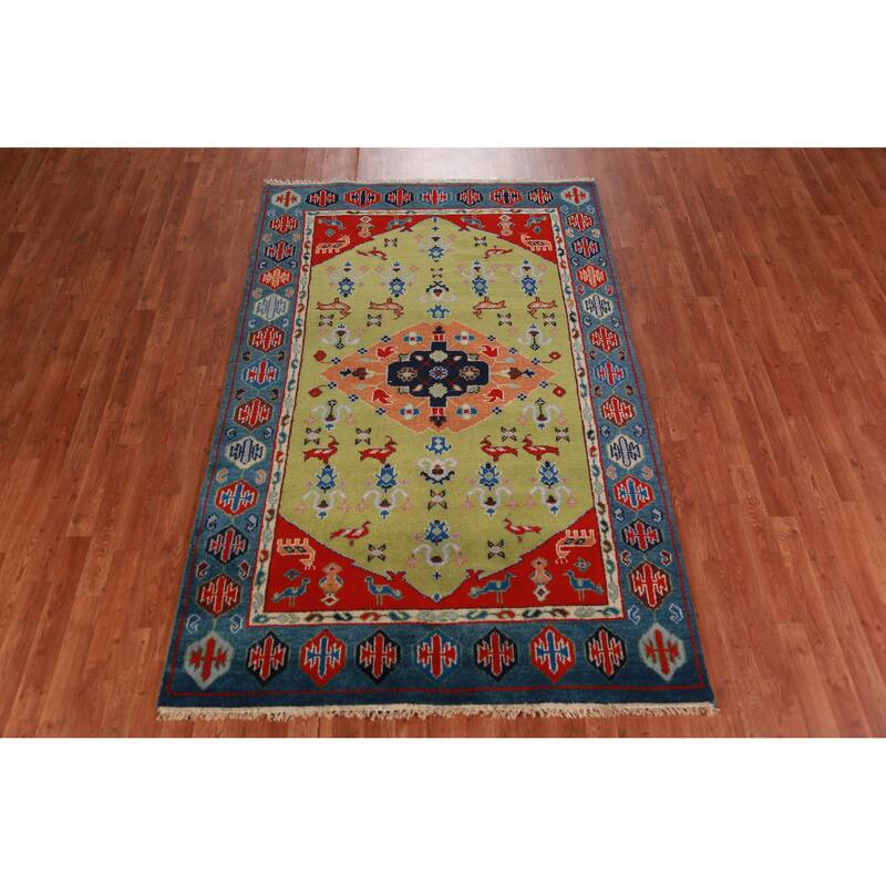 Animals Green Kazak Oriental Area Rug Handmade Wool Carpet - 4'10" x 7'7"