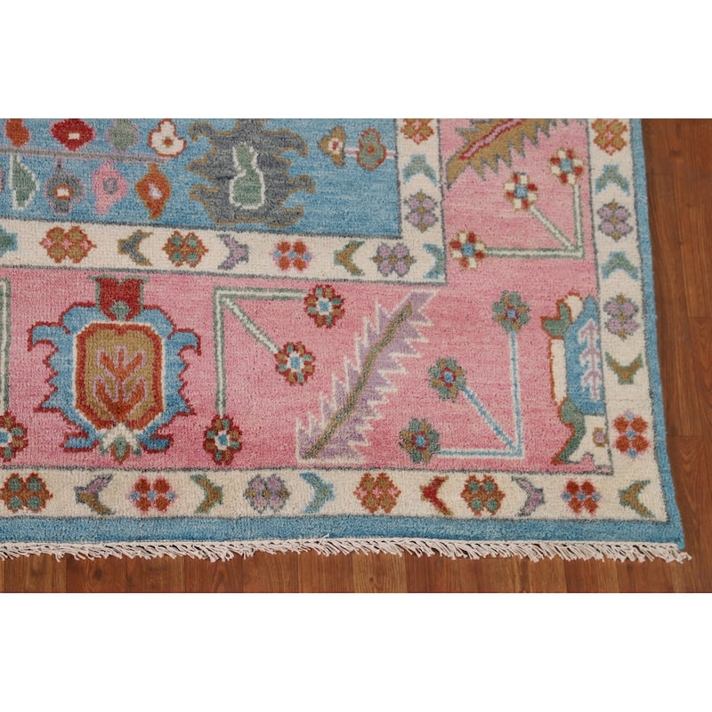 Light Blue & Pink Oushak Oriental Area Rug Handmade Wool Carpet - 8'11"x 11'10"