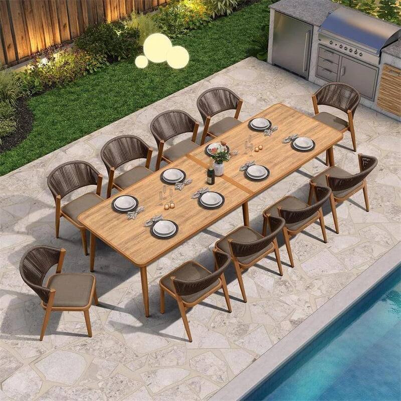 PURPLE LEAF Outdoor Dining Set Teak Aluminum Patio Furniture Set Dining Table And Wicker Chairs - Updated Brown (10 people, rectangular)