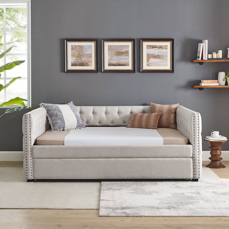Beige Full Size Upholstered Tufted Daybed with Button and Copper Nail on Square Arms for Bedroom