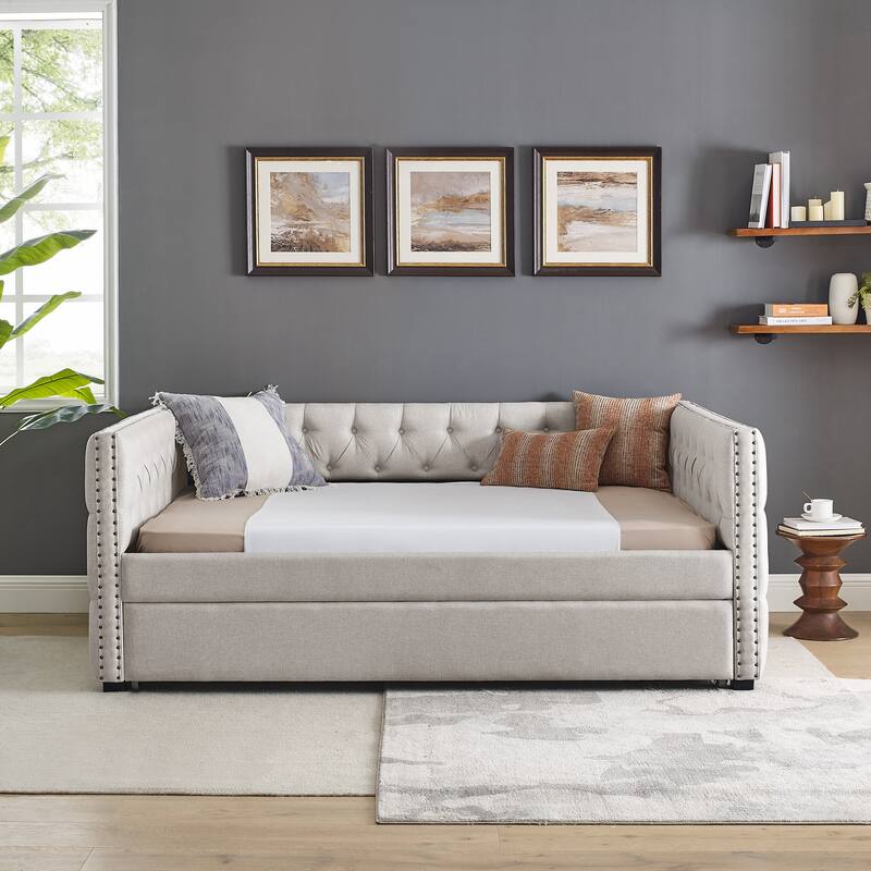 Tufted Daybed Upholstered Frame Sofa Bed with Button Copper Nail on Square Arms, and Pull-out Trundle Bed or Storage Drawers
