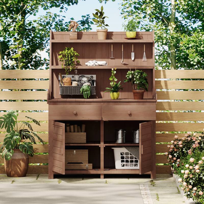 Garden Potting Bench Table, Fir Wood Workstation with Storage Shelf, Drawer and Cabinet