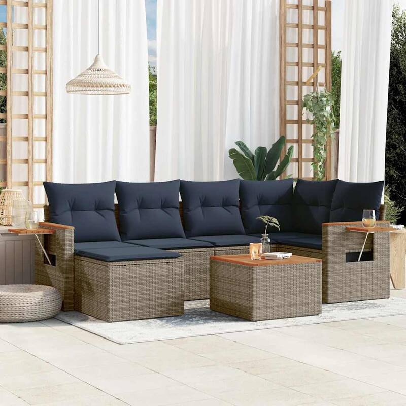 vidaXL 7 Piece Patio Sofa Set with Cushions Grey Poly Rattan (US only) - 101.2x33.5x57.9