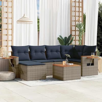 vidaXL 7 Piece Patio Sofa Set with Cushions Grey Poly Rattan (US only) - 101.2x33.5x57.9