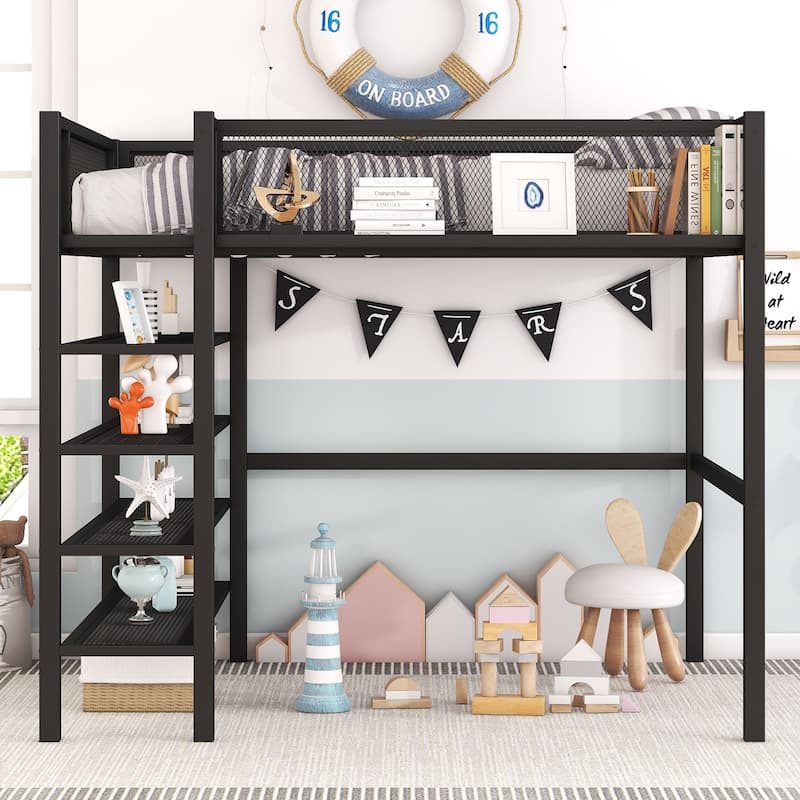 Metal Loft Bed with Shelves, Workstation, Guardrail