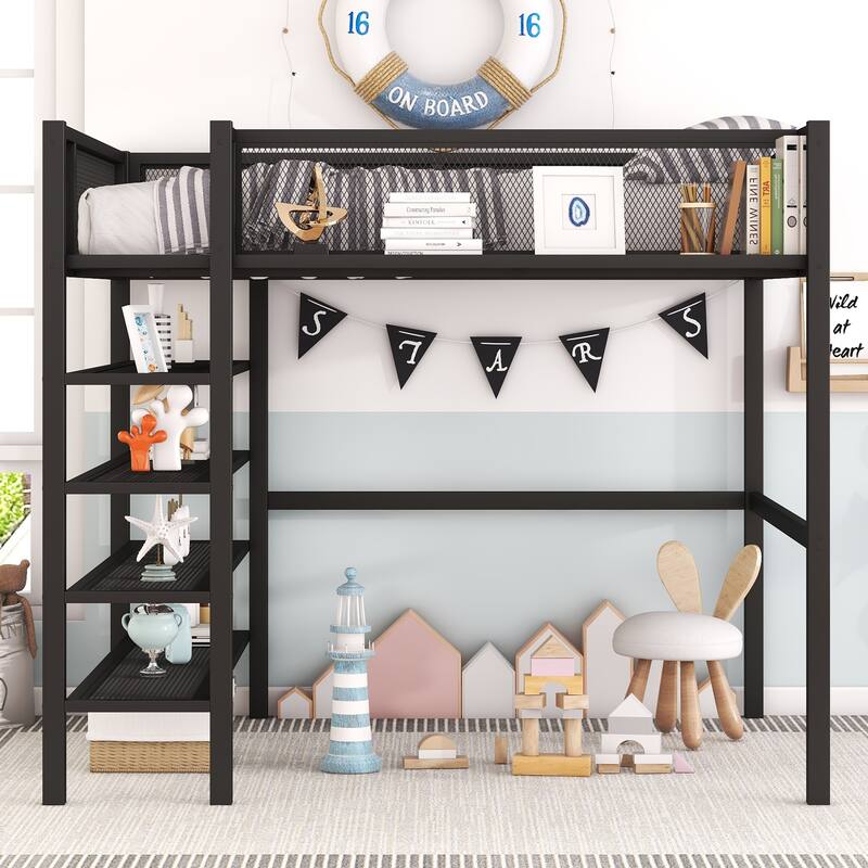 Twin/Full Metal Loft Bed with Built-in Desk, Shelves, and Storage, Modern Design