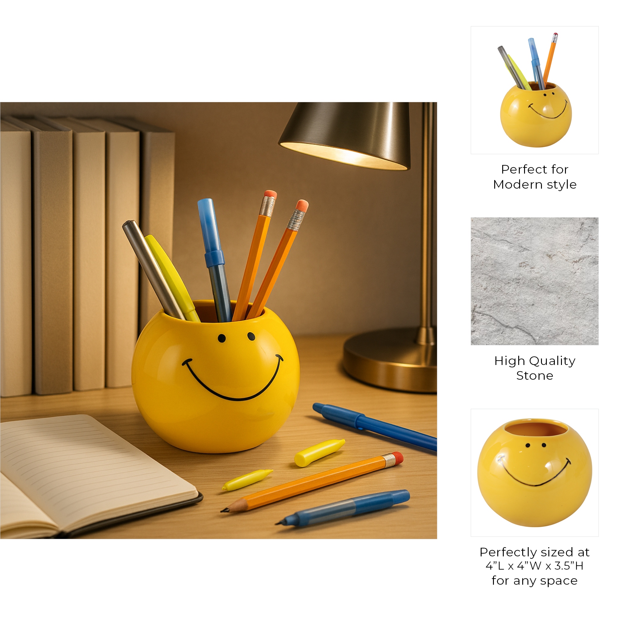 Chic Smiley Face Round Pencil Cup Storage - 4", Yellow & Black - 4.0"