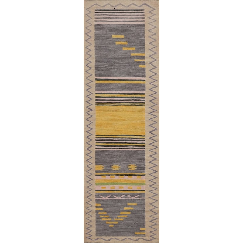Hand Woven Oriental 100% Wool Carpet Southwestern Tribal Purples Kilim Runner Rug - 8' 0'' X 2' 1''
