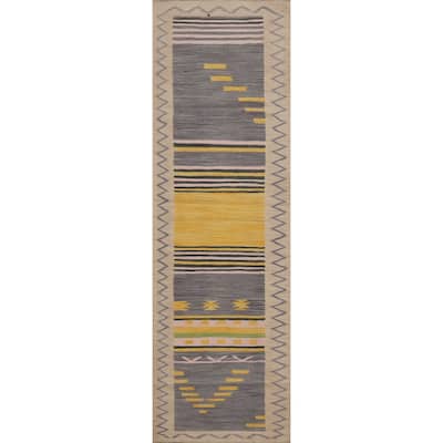 Hand Woven Oriental 100% Wool Carpet Southwestern Tribal Purples Kilim Runner Rug - 8' 0'' X 2' 1''