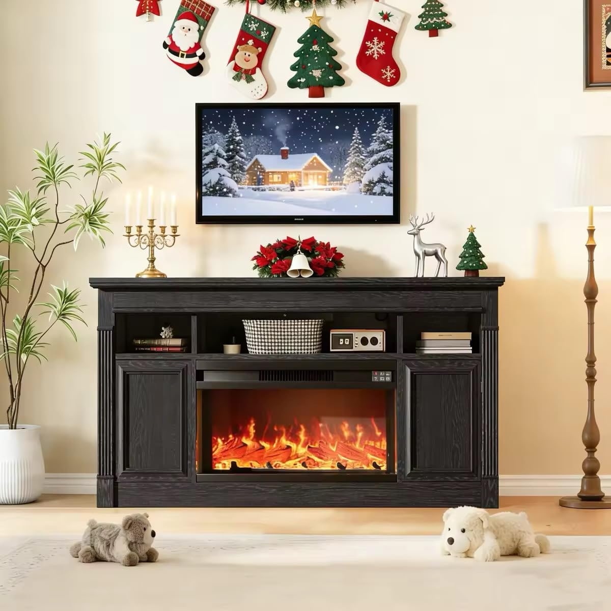 68" Fireplace TV Stand with Remote, 36" Electric Fireplace & 4 Flame Colors, Farmhouse Console, White Brown