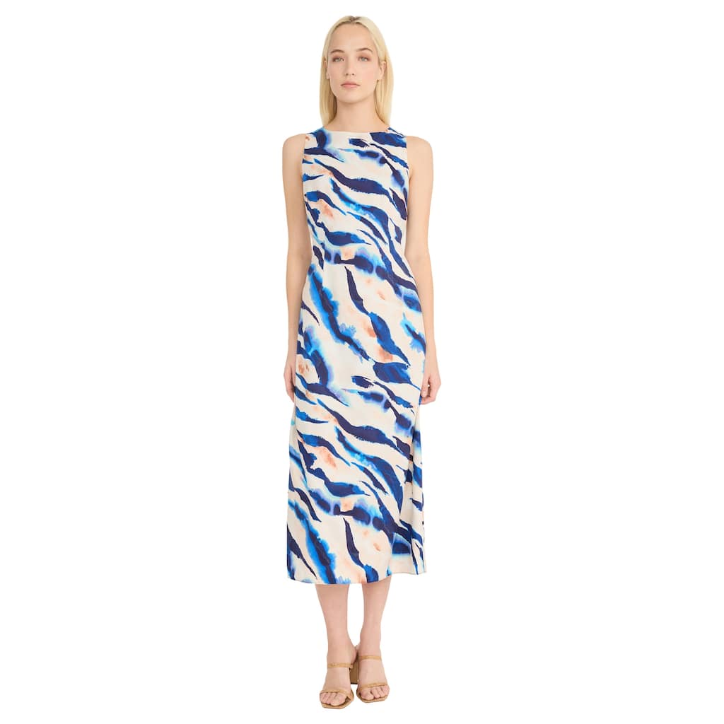 Boatneck Sleeveless Sheath Midi Dress With Cut Out Tie Back And Back Slit