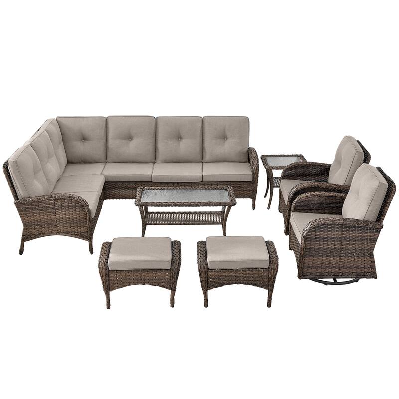 Patio Sectional Sofa with Swivel Chairs Ottomans Set