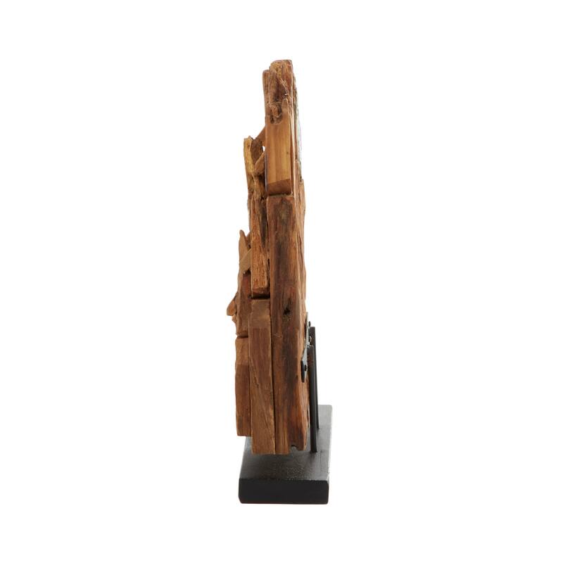 Brown Teak Wood Handmade Carved Abstract Decorative Sculpture with Faces - 13 x 4 x 16