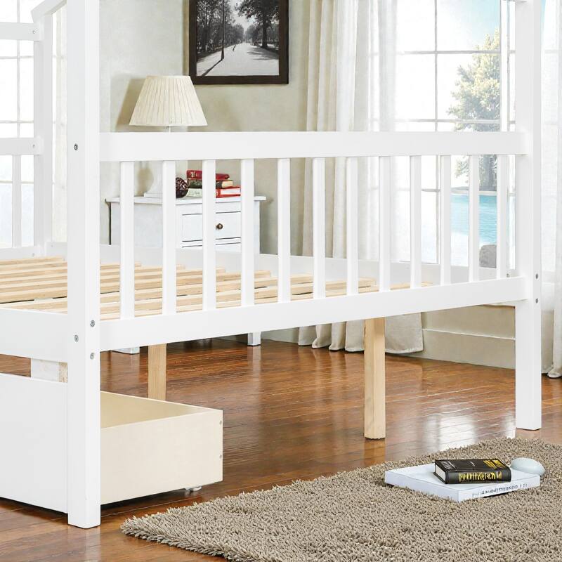 Twin/Full Size Wooden House Bed with Roof and 2 Drawers, Kids Platform Bed with Storage, Solid Pine Frame