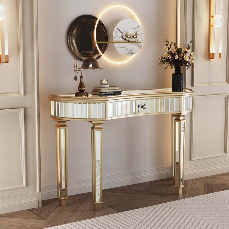 Half-Moon Mirrored Console Table with Fluted Glass,Crystal Knob Drawer