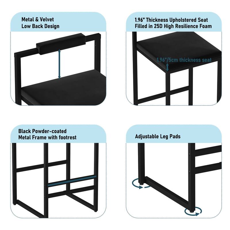 Modern Velvet Upholstered Bar Stools Set of 2 Counter Height Footrest Back Support Black Kitchen