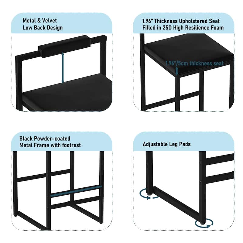 Modern Velvet Upholstered Bar Stools with Black Frame Set of 2