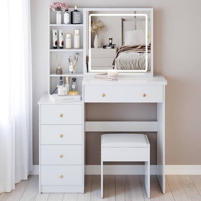 37" Lighted Vanity Table with Adjustable LED Mirror, Wide Storage, Stool, Ideal for Bedroom or Dressing Area - White