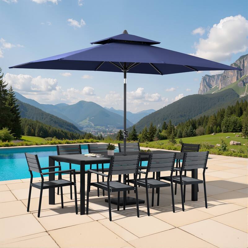 9/11-Piece Outdoor Patio Dining Set Aluminum Dining Table and Stackable Chairs w/10 ft Market Umbrella and Base - Set of 11 - Grey Table with Navy Blue Umbrella