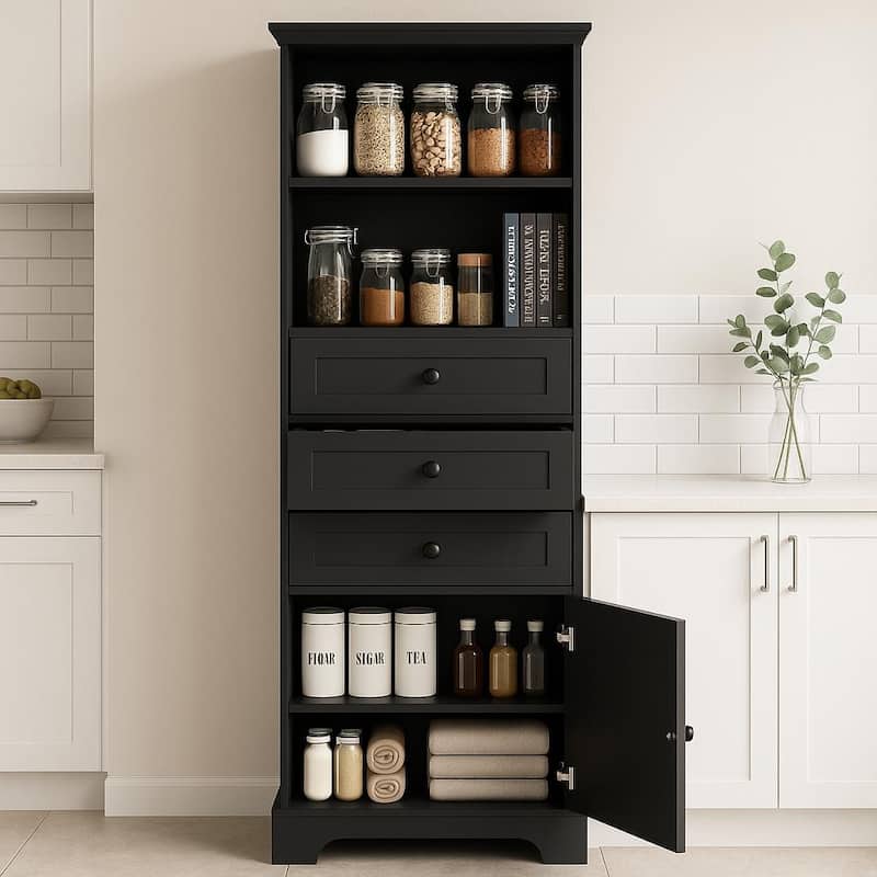 Homy Casa Black Tall Kitchen Pantry Cabinet 3 Drawers & Adjustable Shelves - Black