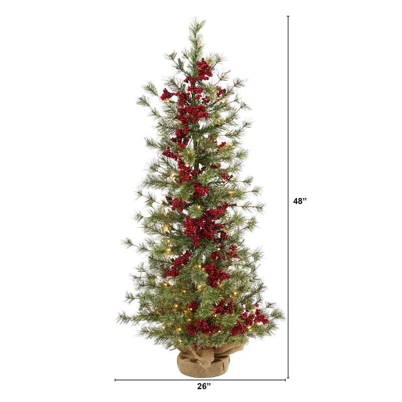 4Ft Artificial Christmas Tree with Lights - Berry & Pine Holiday Decor, Warm White LED, Burlap Base - Green - 48