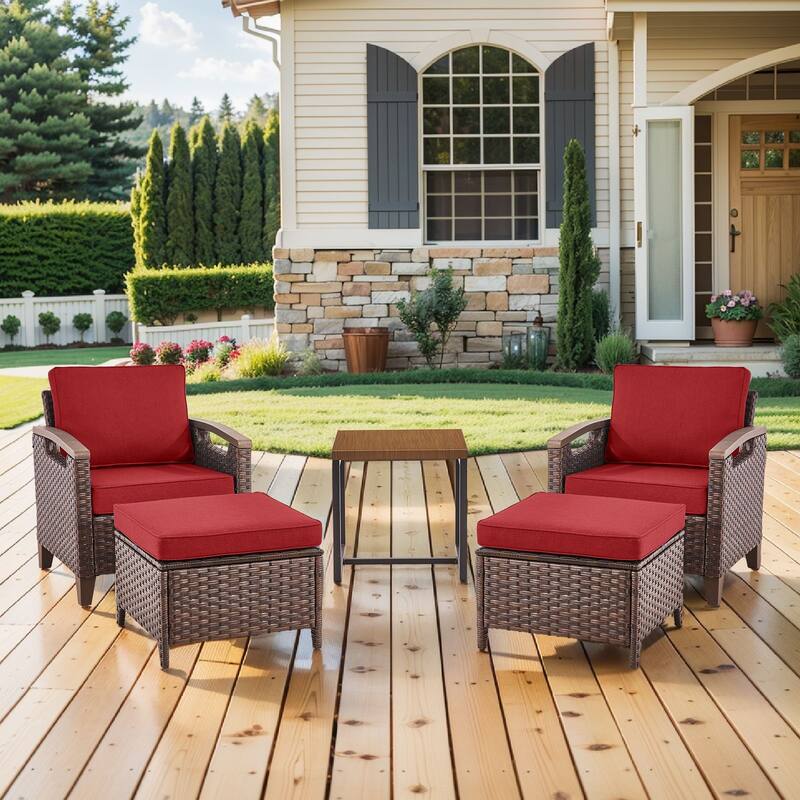 Pocassy Outdoor Patio Sofa Chair Ottoman Table Furniture Set - Red Cushion - Club Chairs Table with Ottoman Set