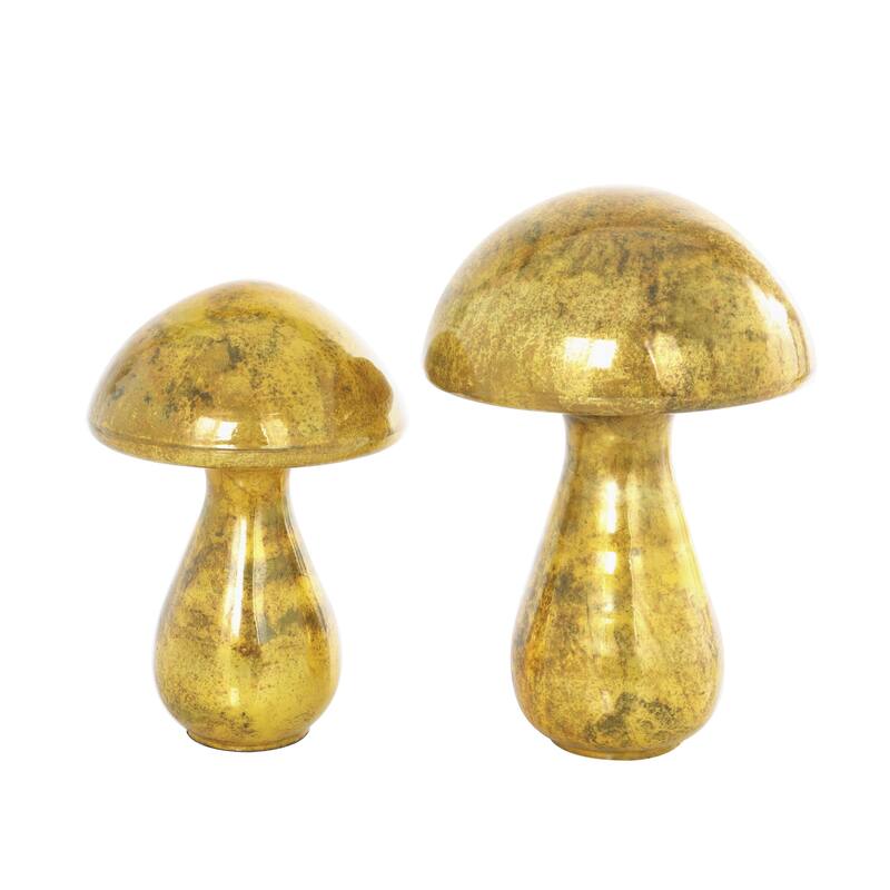 Glass Mushroom Glossy Weathered Decorative Sculpture - Set of 2 Green, Gold, Champane- Roche River Decor - Gold - 12", 10"H