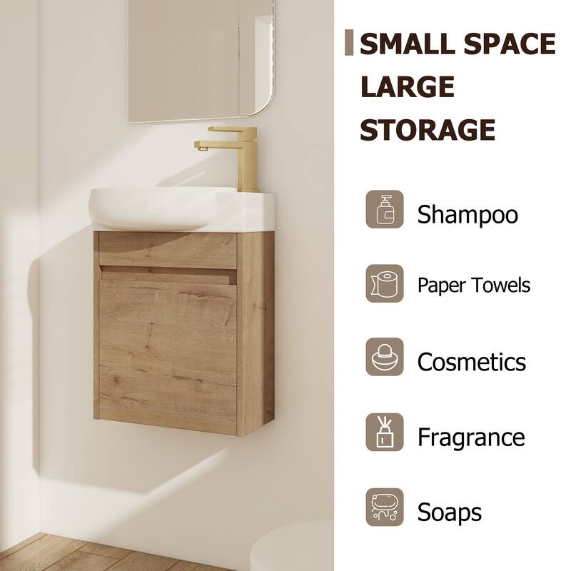 Compact 16'' Wall-Mounted Bathroom Vanity with Ceramic Sink & Soft-Close Door Hinges - Ideal for Small Bathrooms