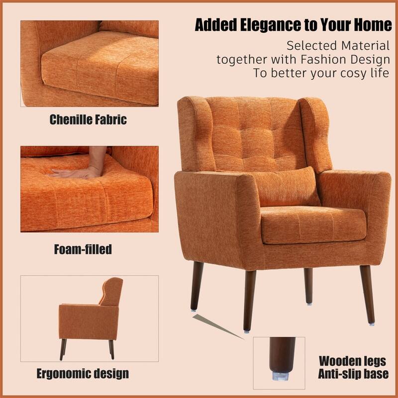 Modern Chenille Upholstered Armchair with Pillow and Solid Wood Leg